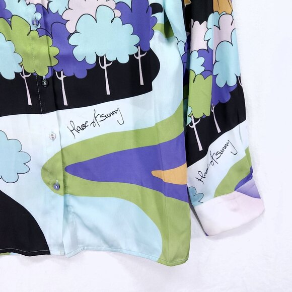 House Of Sunny Nice To Meet You Shirt Womens Size 2 Satin Graphic Button Front - Picture 16 of 16